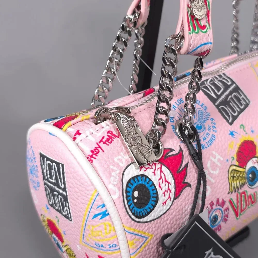 VON DUTCH New Shoulder Barrel Bag Pink Jax Logo Purse Handbag Faux Leather